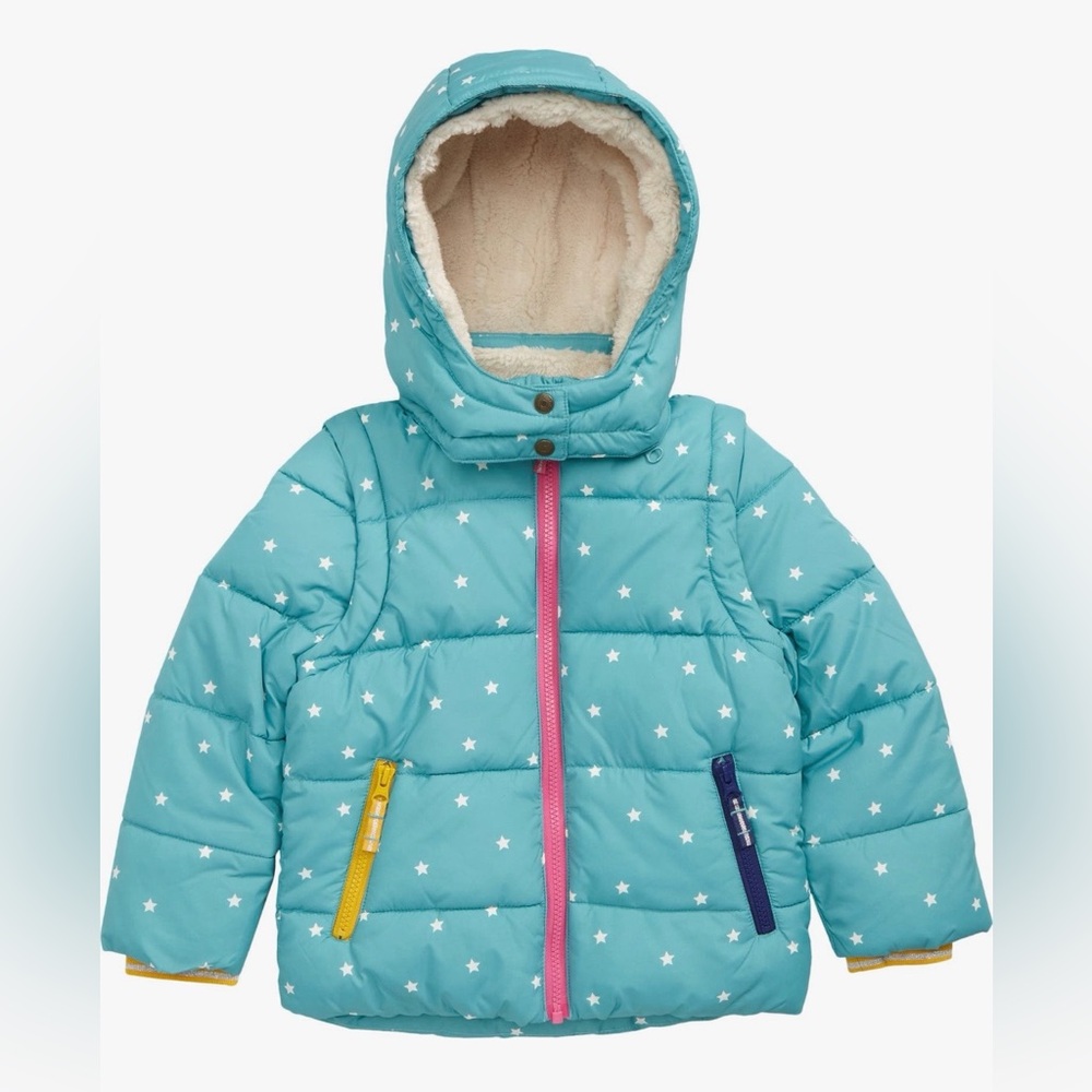 NWT. Mini Boden 2 in 1 Insulated Water Repellent Jacket, Brook blue, Size 4-5y